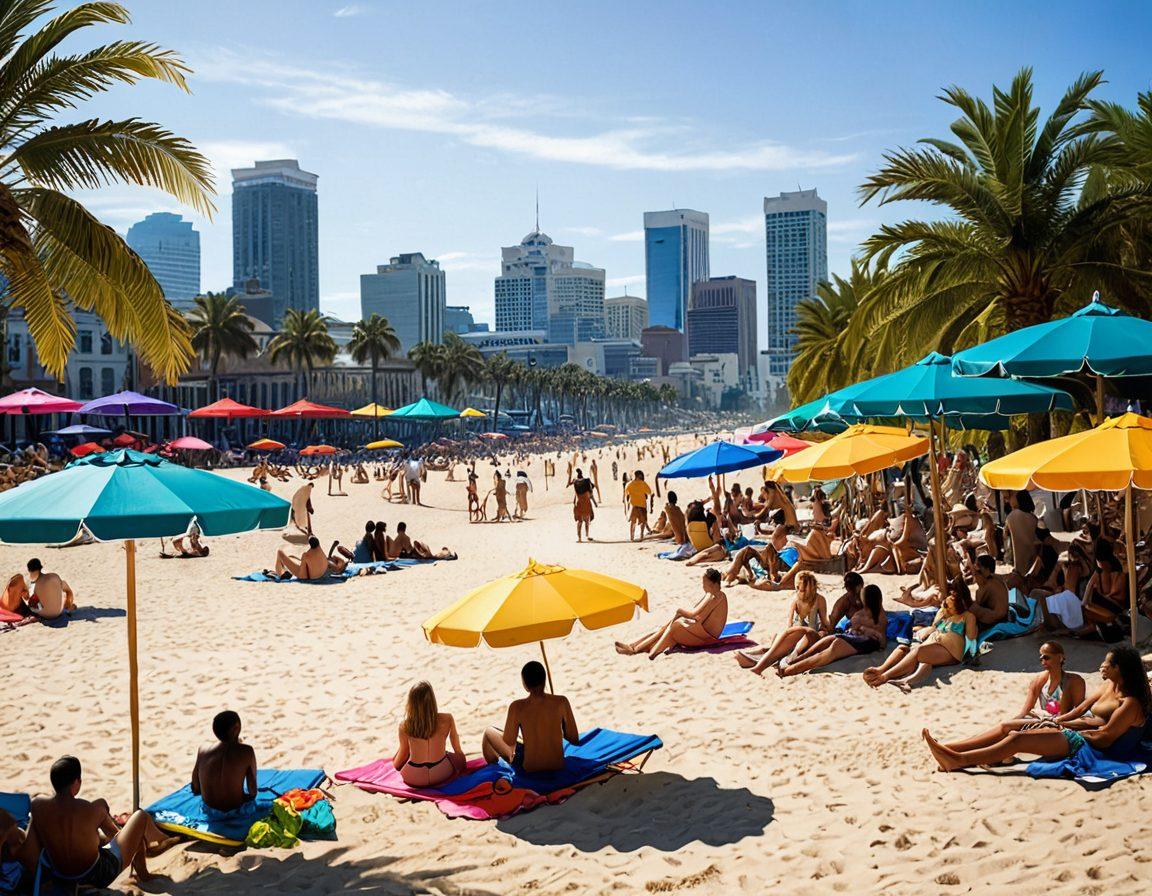 A lively summer scene showcasing diverse beachgoers in colorful swimwear, playing beach volleyball and relaxing under palm trees. Include a vibrant backdrop of the New Orleans skyline with Mardi Gras decorations and sun umbrellas dotting the sandy beach. The atmosphere should be filled with bright sunlight, laughter, and excitement, capturing the essence of summer fun. super-realistic. vibrant colors. 3D.