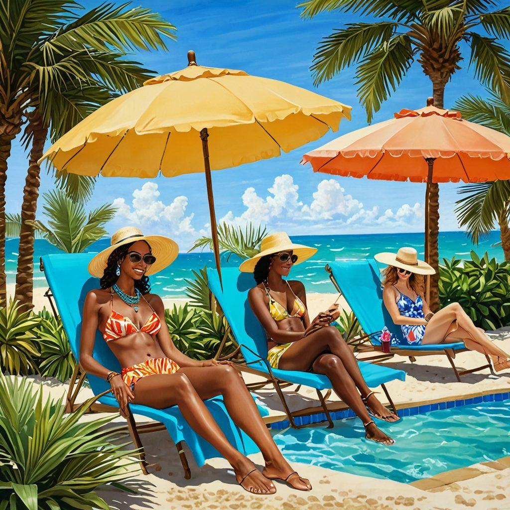 A lively beach scene with a stylish sunbather at a vibrant poolside transitioning to ocean waves, showcasing chic beachwear and accessories. Include colorful umbrellas, palm trees, and beachgoers enjoying their time, with hues of turquoise and sand. Capture the essence of New Orleans culture with elements like jazz music notes in the air or a Mardi Gras bead necklace. super-realistic. vibrant colors. summertime atmosphere.
