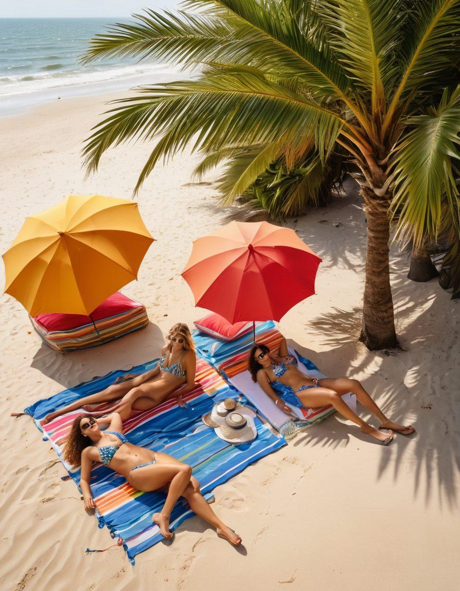 A vibrant summer scene showcasing people wearing stylish swimwear at a lively New Orleans beach. Include tropical palm trees, colorful beach umbrellas, and a lively crowd enjoying the sun. Highlight diverse swimwear fashion, from bikinis to swim shorts, with accessories like sunglasses and beach hats. Capture the essence of a fun summer day filled with warmth and excitement. super-realistic. vibrant colors. tropical theme.